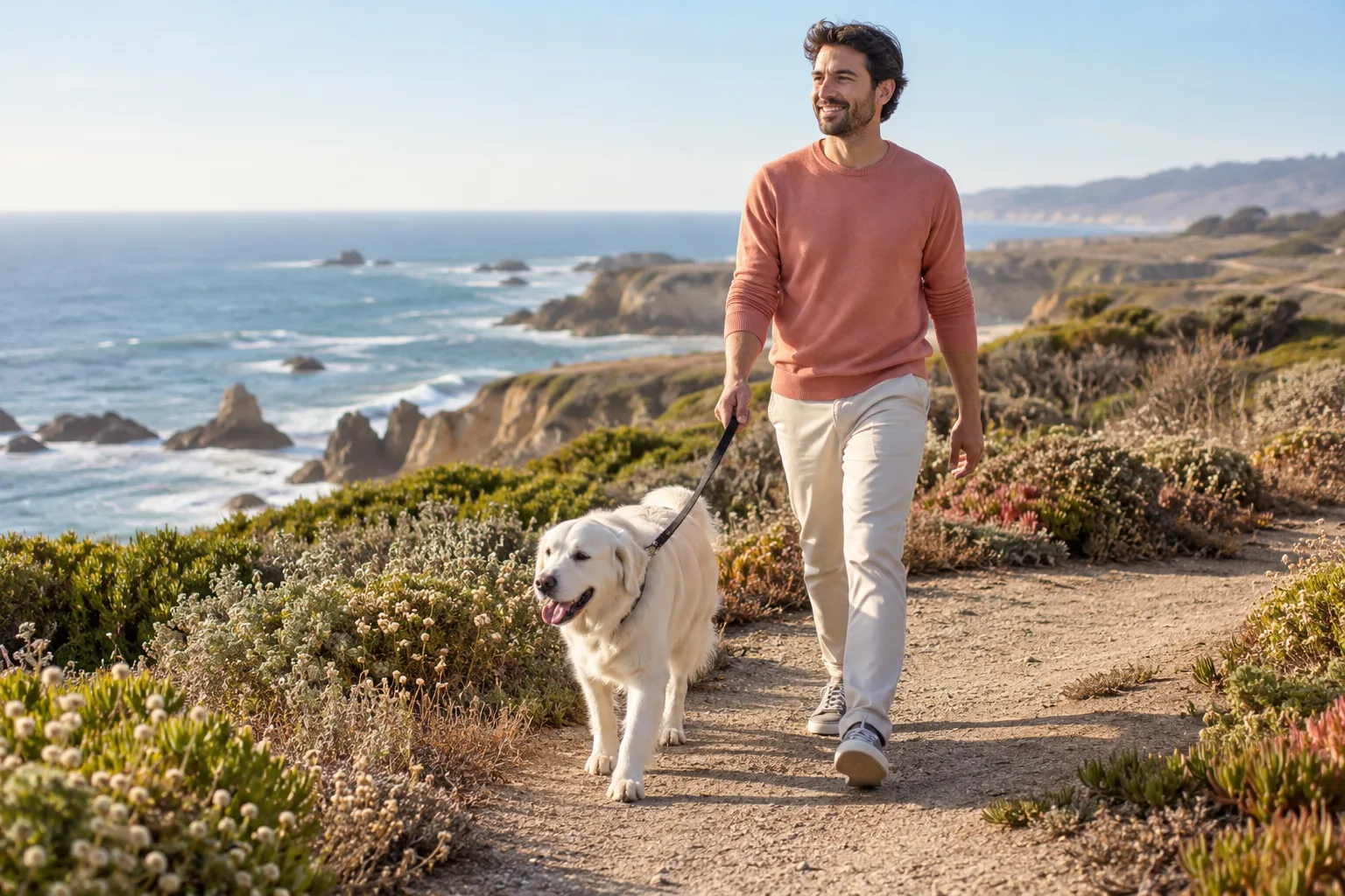 Man walking a white dog on a coastal path
